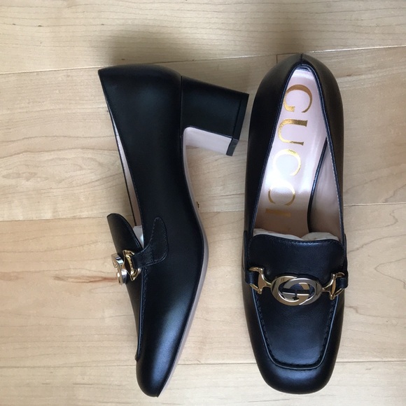 Gucci Zumi GG silver/gold Logo Black Leather Square Toe Mid Heel Loafers Pumps - Picture 1 of 6